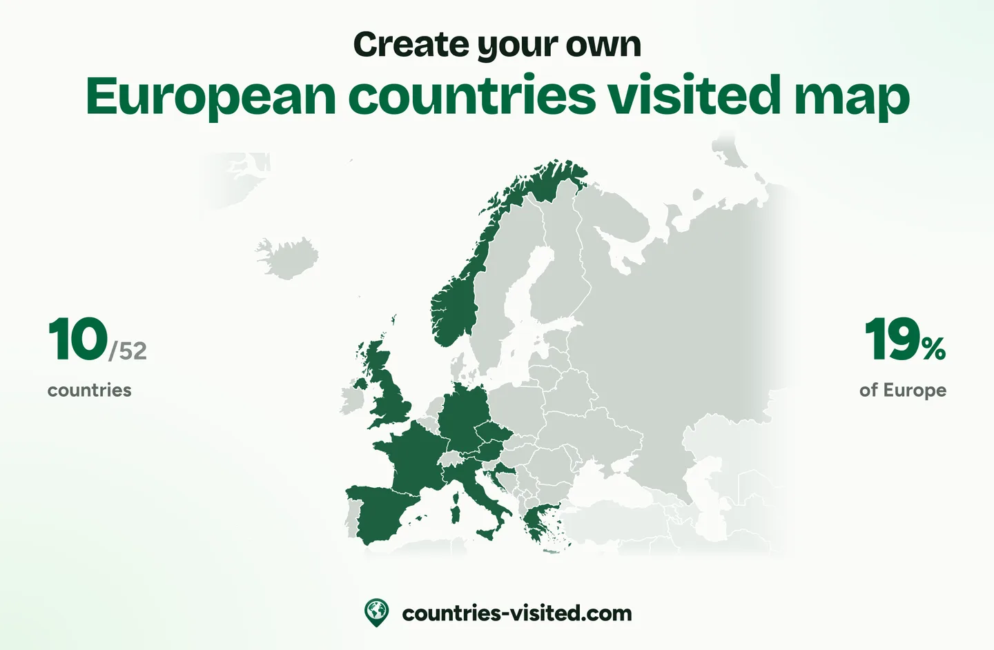A European countries visited map: ten countries marked in green on a map of Europe, with 10 of 52 countries and 19% of Europe counted beside it