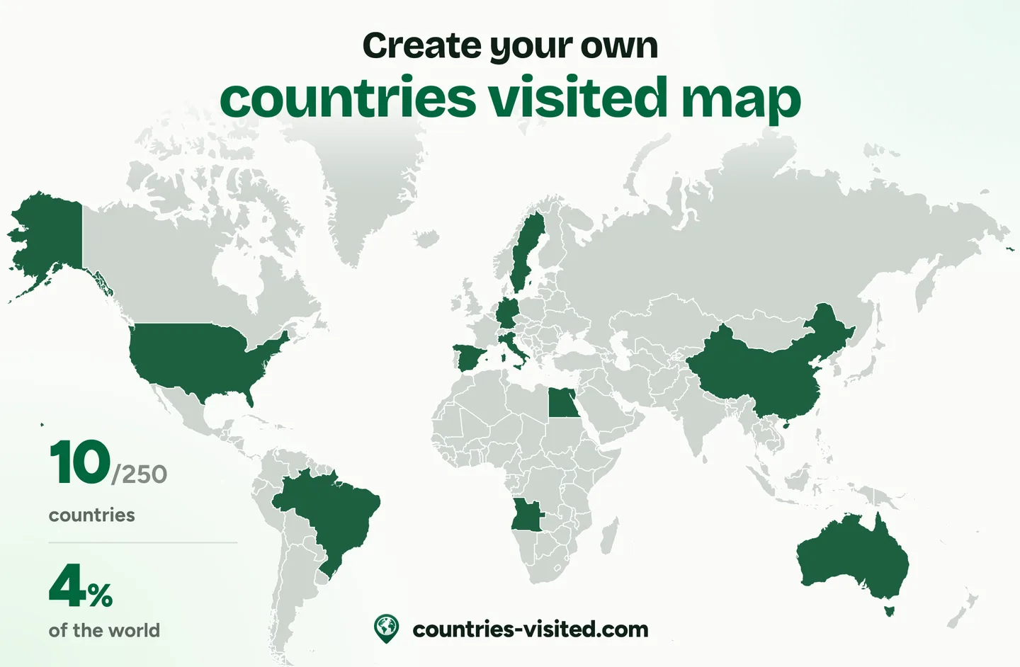 A countries visited map: ten countries marked in green on a world map, with 10 of 250 countries and 4% of the world counted beside it