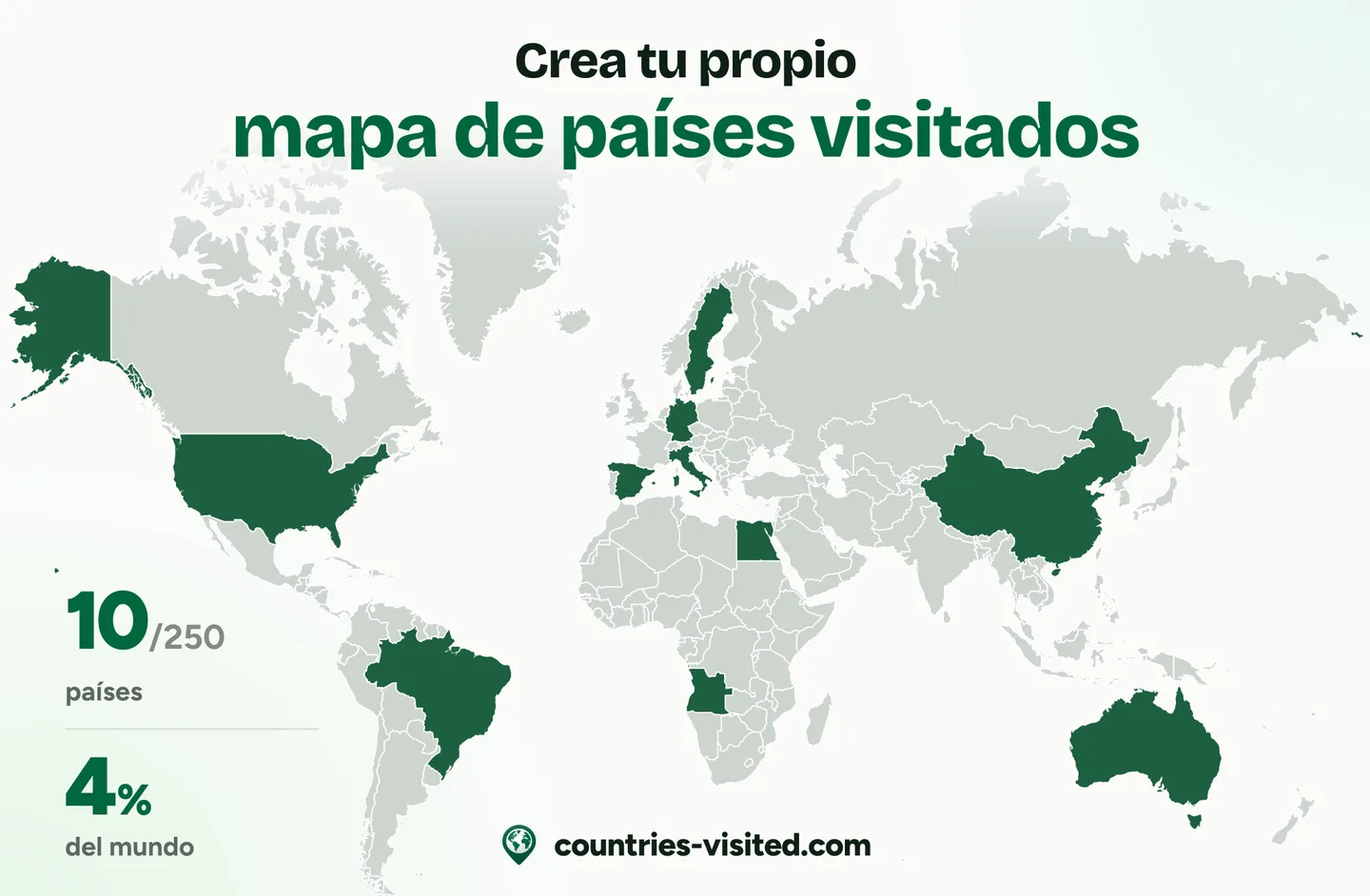 Un mapa de países visitados: diez países marcados en verde en un mapamundi, con 10 de 250 países y el 4 % del mundo al lado